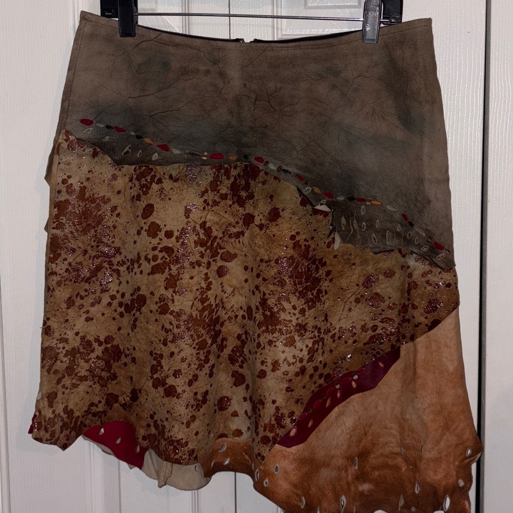 Patchwork Leather Mini Skirt in Brown and Tan - Picture 3 of 7